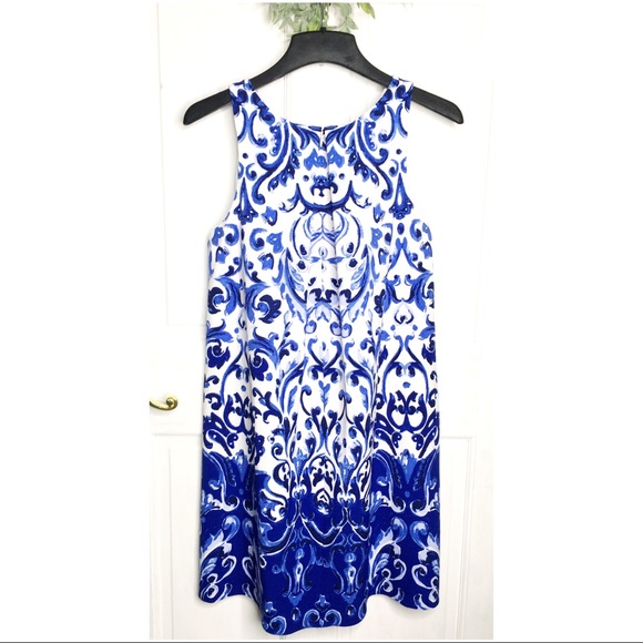 LRL Blue + White Damask Formal Cocktail Dress - Picture 5 of 8